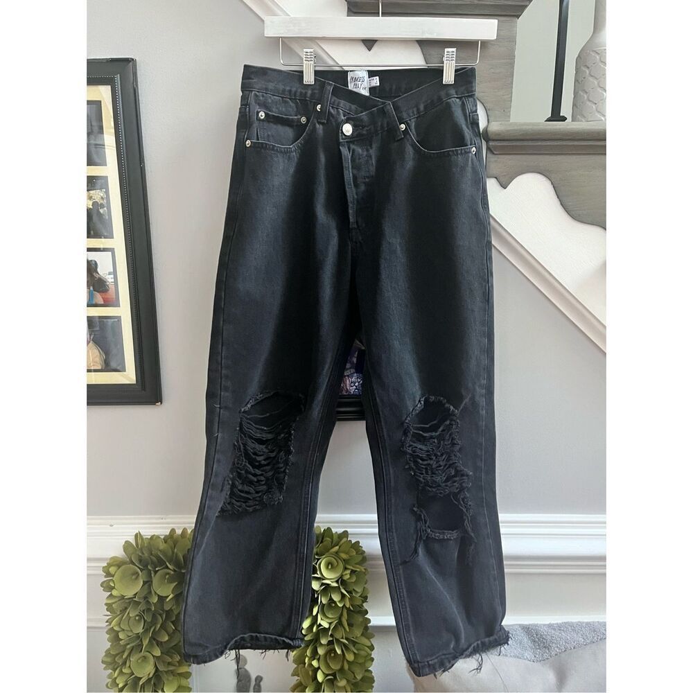 Princess Poly Black Cross Over Waist Button Fly Distressed Jeans sz 6 EUC
